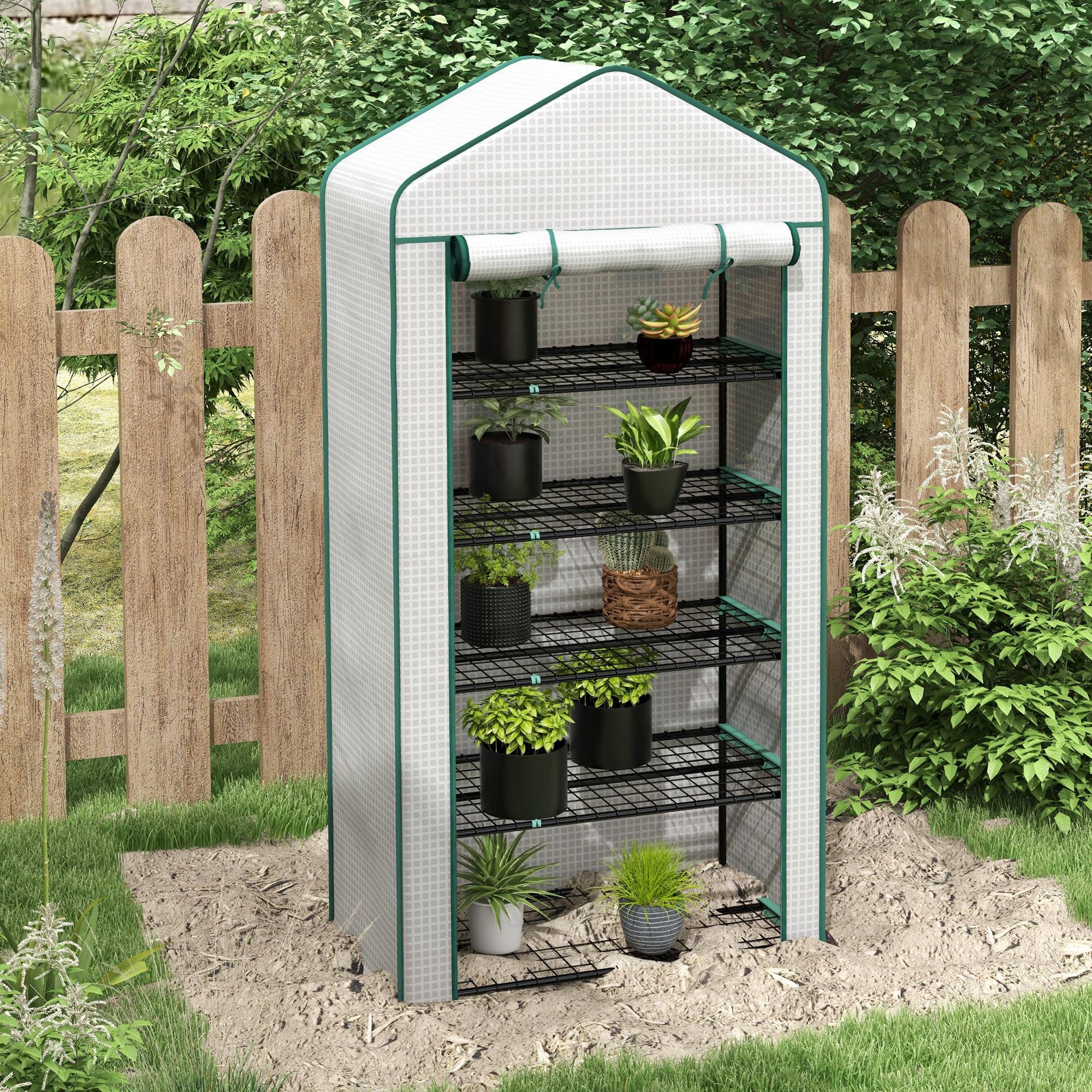 Outsunny Serra da giardino per balcone 5 livelli con 1 porta avvolgibile, telaio in acciaio e telo PE rinforzato per impieghi gravosi dim. 90L x 49W x 193H cm