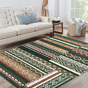 GarveeHome Vintage Living Room Rug 8x10 Green Area Rugs Machine Washable Geometric Patchwork Carpet, Non-Slip Non-Shedding Foldable Tribal Floor Cover for Bedroom, Classroom, Dining Room, Kid Playroom