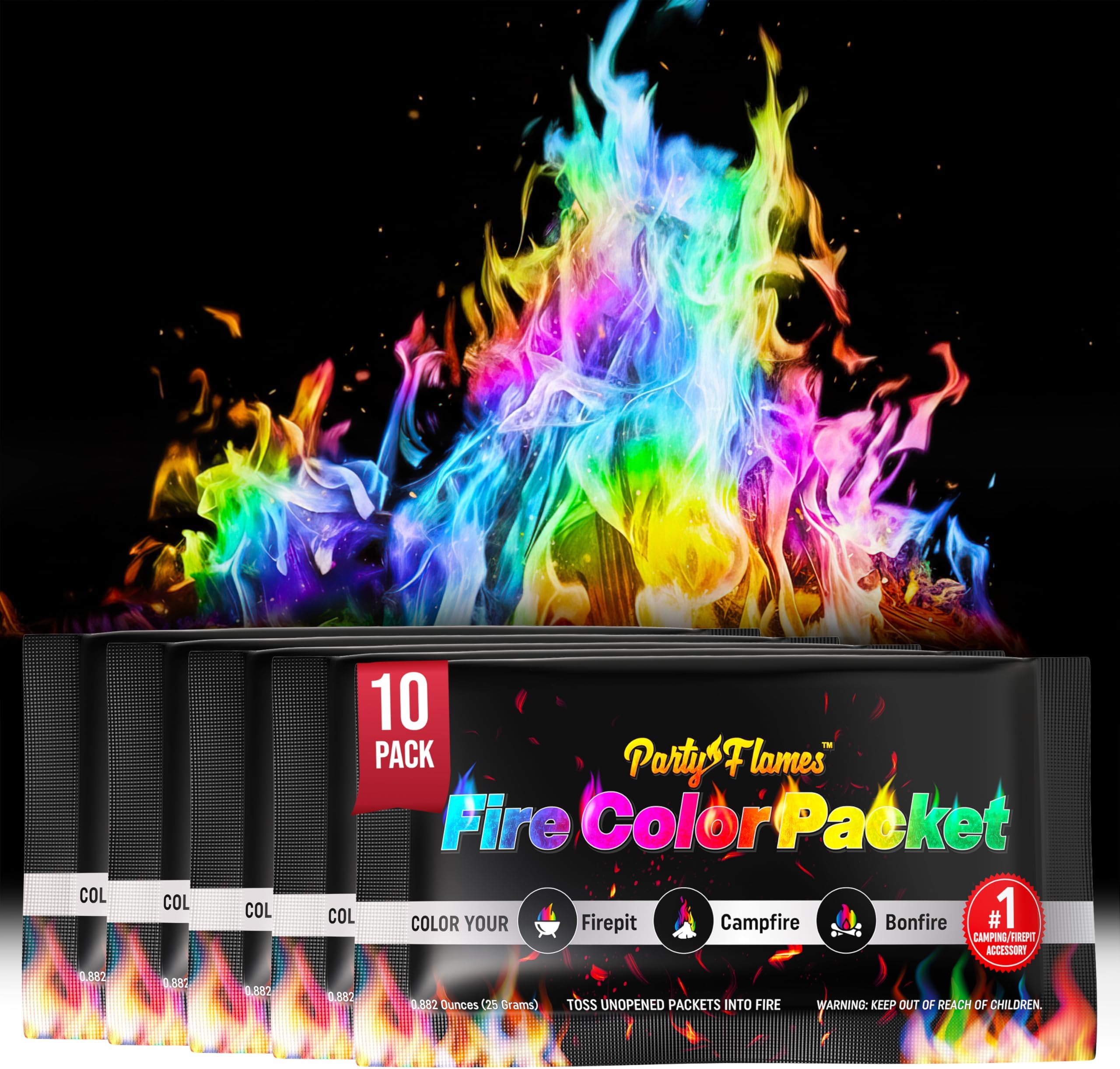 Magic Campfire Fire Color Changing Packets for Fire Pit (10 Pack) Outdoor Fireplaces & Bonfires, Rainbow Colored Flames - Perfect Camping Essential & Accessories - Must Have for Kids & Adults