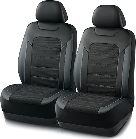 PIC AUTO Car Seat Covers, Premium Leather and Air Mesh Automotive Sports Seat Covers, Two Front Set, Airbag Compatible Universal Fits Most Cars, SUVs, Trucks and Vans (Black & Gray)