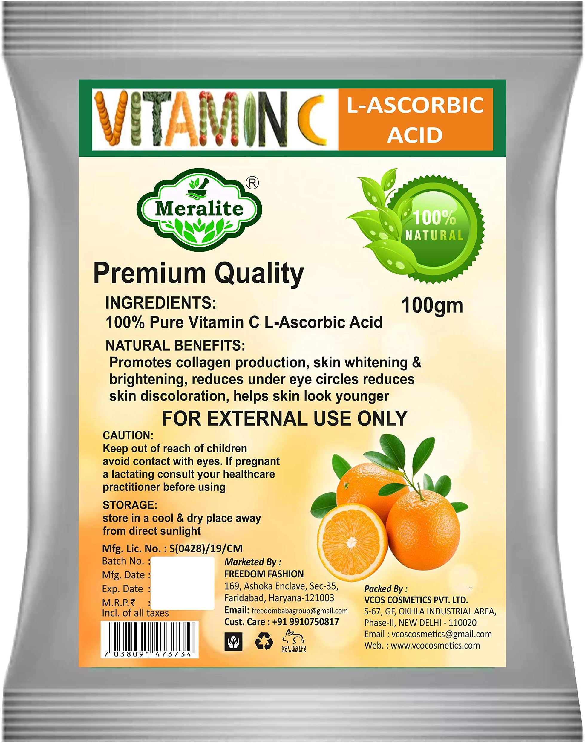 Meralite 100% Pure Vitamin C Powder (L-Ascorbic Acid) For Face Skin Whitening For Men & Women (100 gm)