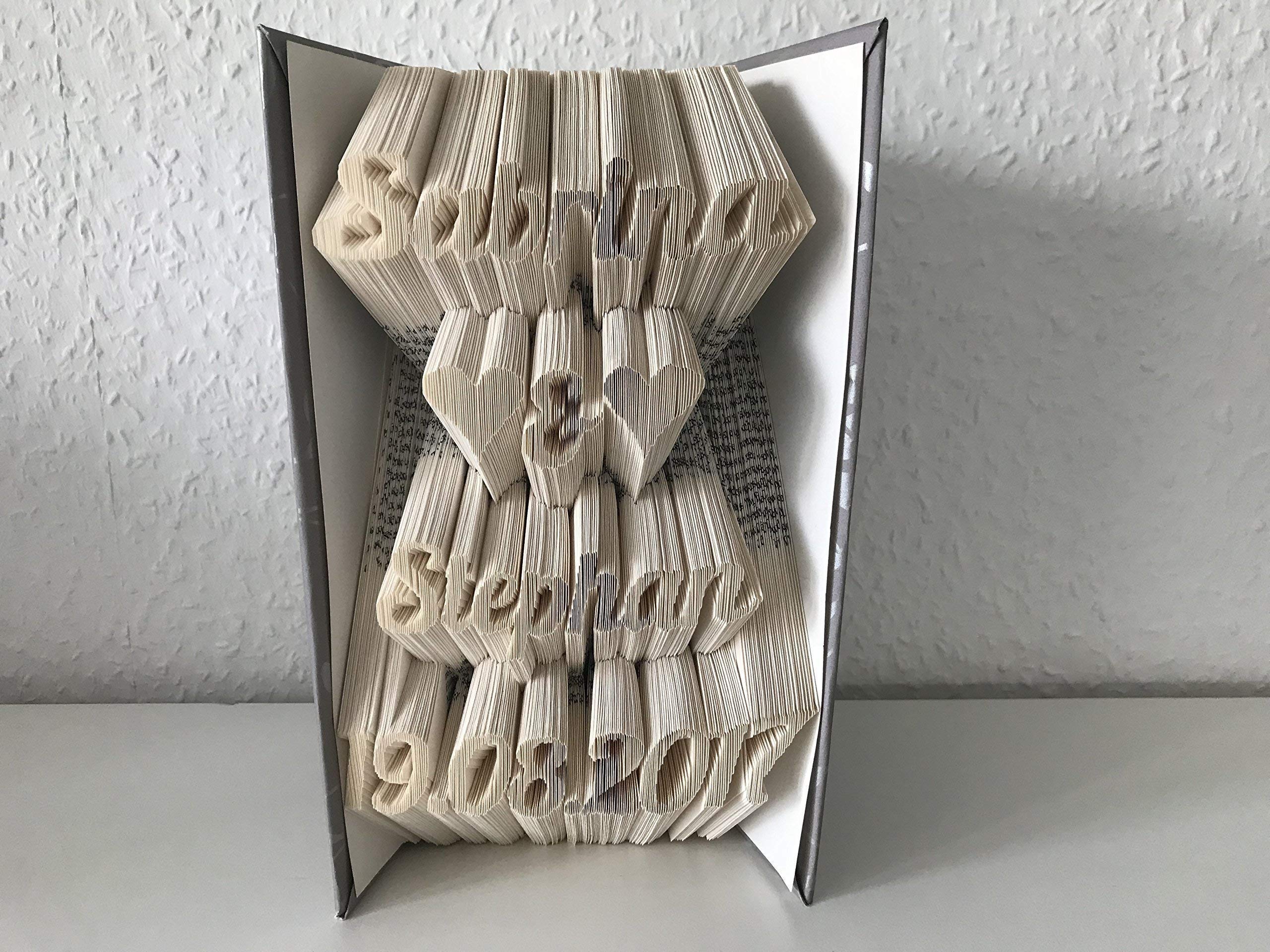 Gefaltetes Buch mit Wunschname & Datum – personalisiertes Geschenk Hochzeit, Jubiläum, Hochzeitstag, Jahrestag – Buchkunst mit Vier Zeilen nach Wunsch – handgefertigtes Unikat
