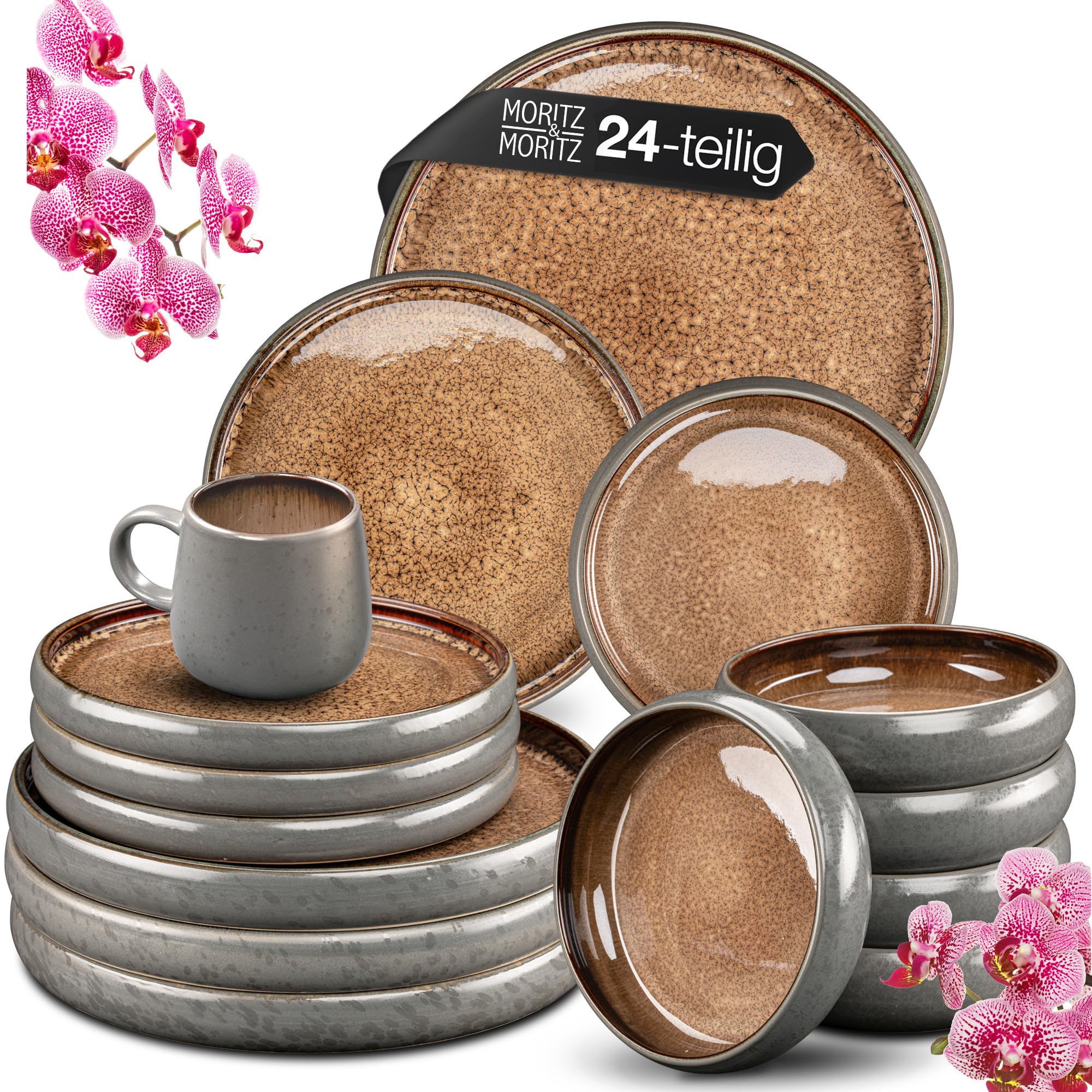 Moritz & Moritz SOLID 24-tlg Steinzeug Geschirr Set 6 Personen - Geschirrset 6 Personen aus je 6 Dinner Teller, Kleine und Tiefe Teller und Tassen mit Henkel