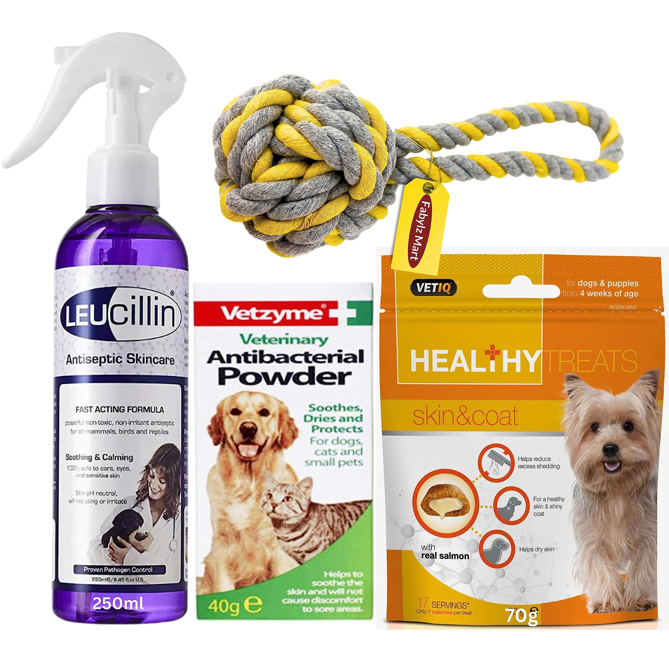 Fabylz Mart Antiseptic spray for Dogs 250ml bundle with Antibacterial Powder 40g, Skin and Coat Healthy treats 70g and a Ball Rope Toy