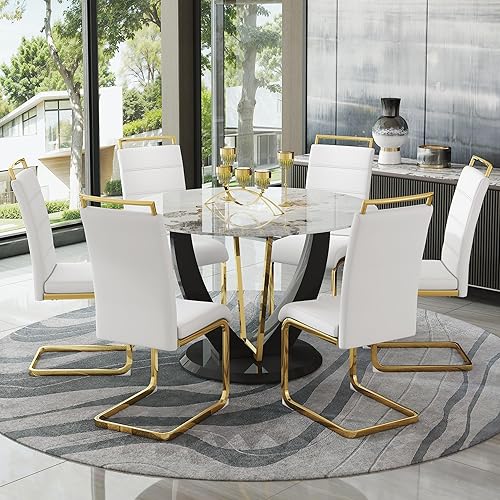 Miniatura 12 de JUFU Juego de mesa de comedor redonda para 6, mesa de comedor de 48 pulgadas con mesa de mármol sintético y 6 sillas tapizadas, moderno juego de 6