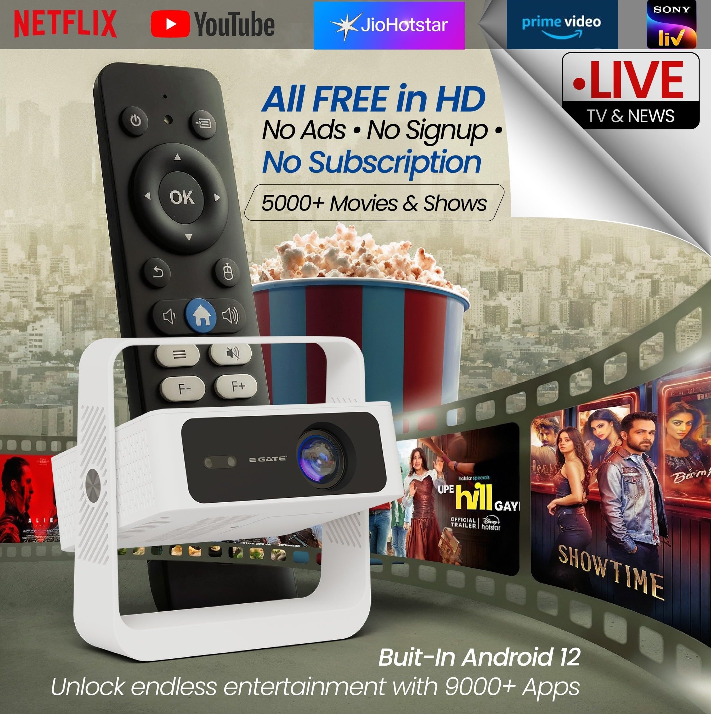 E Gate Atom 4X Air, Fully Automatic, 12000 Lumens Projector for Room, 1080P & 4K Support, Auto Focus + Keystone + Obstacle Avoid | Android 12 Netflix, Prime, Live TV | WiFi-BT-HDMI, 720p Native EGATE — Amazon image 6