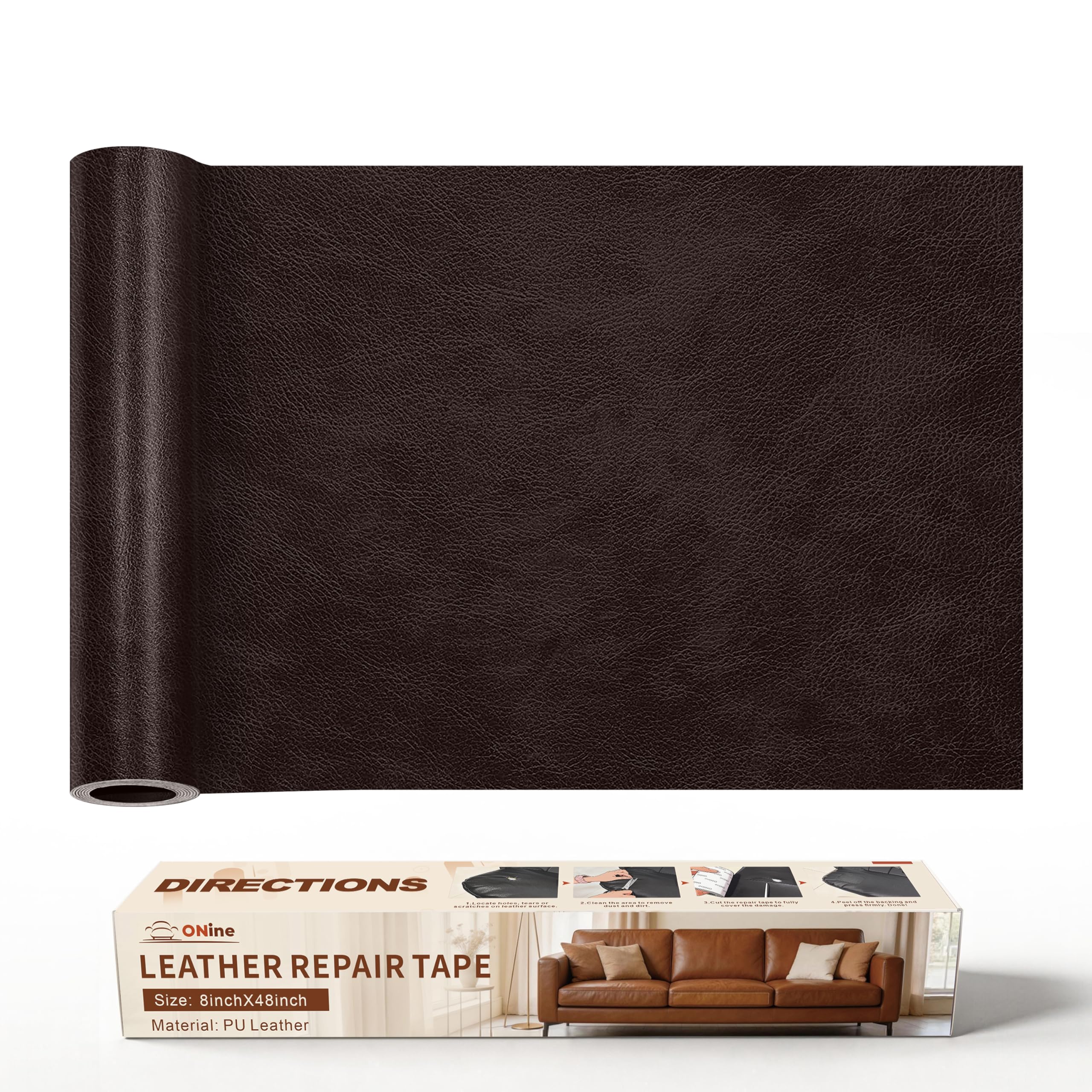 ONine Leather Repair Patch，Leather Repair Tape, 8 x 48 inches Leather Repair Patch for Furniture,Vinyl Repair kit，Leather Couch Patch，for Sofas, Furniture, car Seats(Dark Brown)