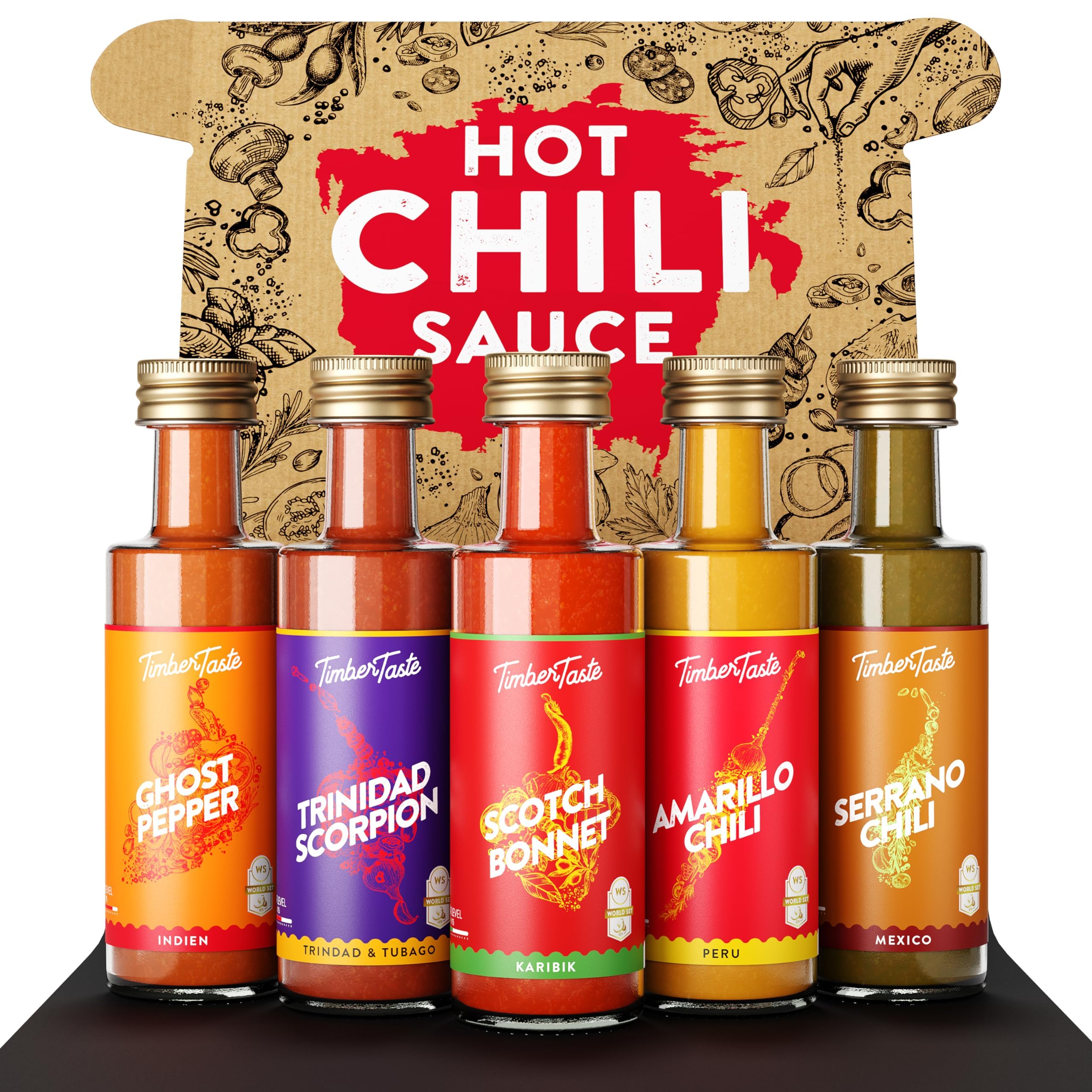 TIMBER TASTE® World Hot Sauce Gift Set [5x1.35 oz] Hot Sauce Variety Pack - Spicy Condiment Set for Heat Lovers in Mini Bottles - Gourmet Spicy Food Gifts for Women & Men - Birthday Gifts for Men