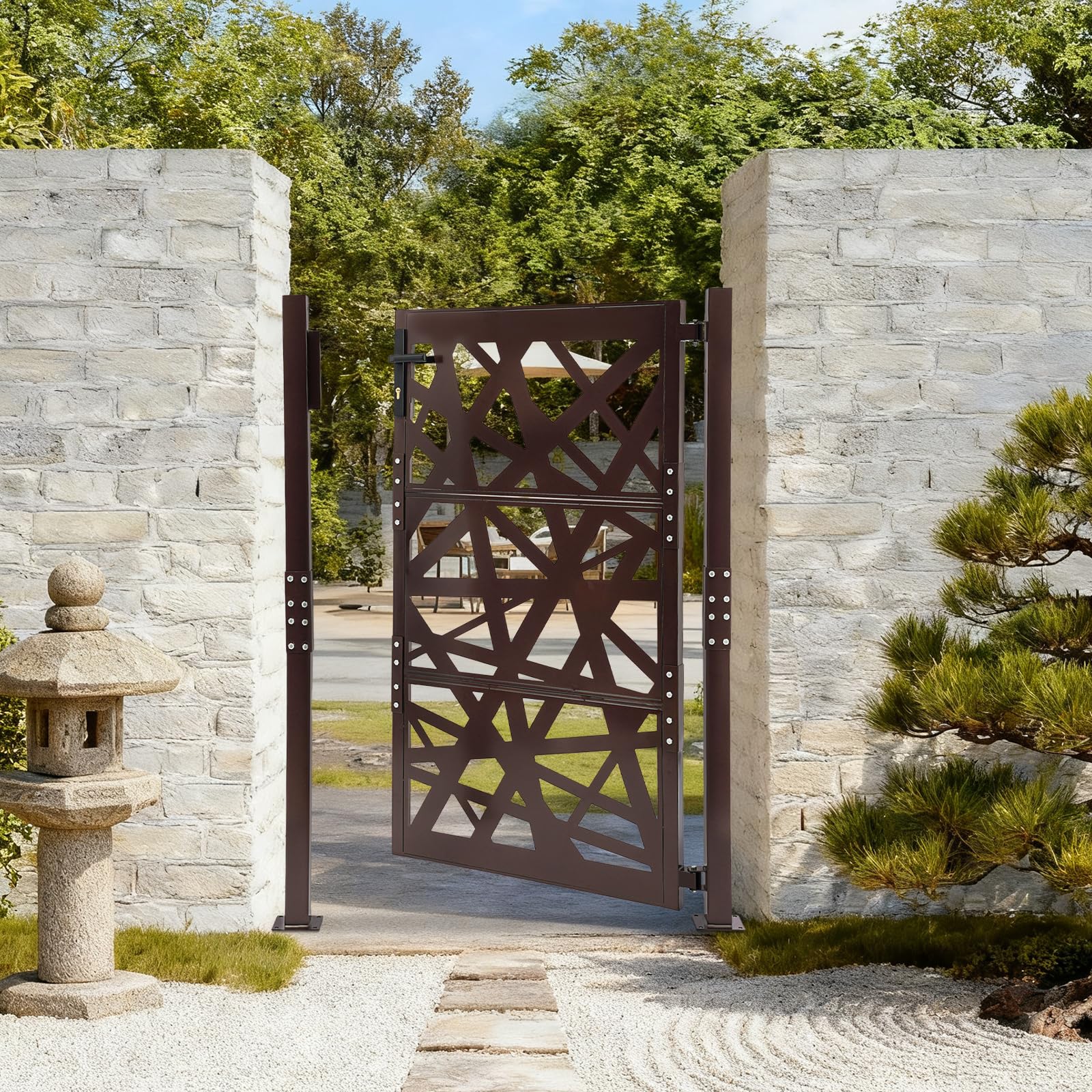 Cancello da giardino, 105 x 150 cm, doppia colonna, in metallo, con 7 chiavi e angolo di chiusura a 180°, per magazzini, giardini, cortili interni (marrone)