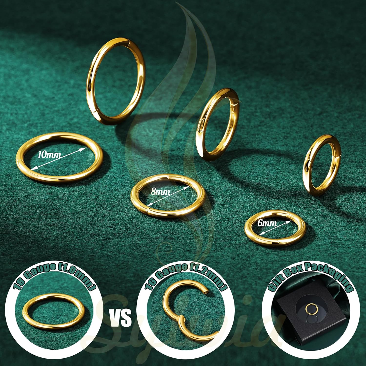 SYLWIA 14K Solid Gold 18g/16g Nose Rings, 6/8/10mm Hinged Segment Septum Rings, Real Gold Lip Tragus Helix Cartilage Conch Earring Hoops Piercing for Women Men - Image 3