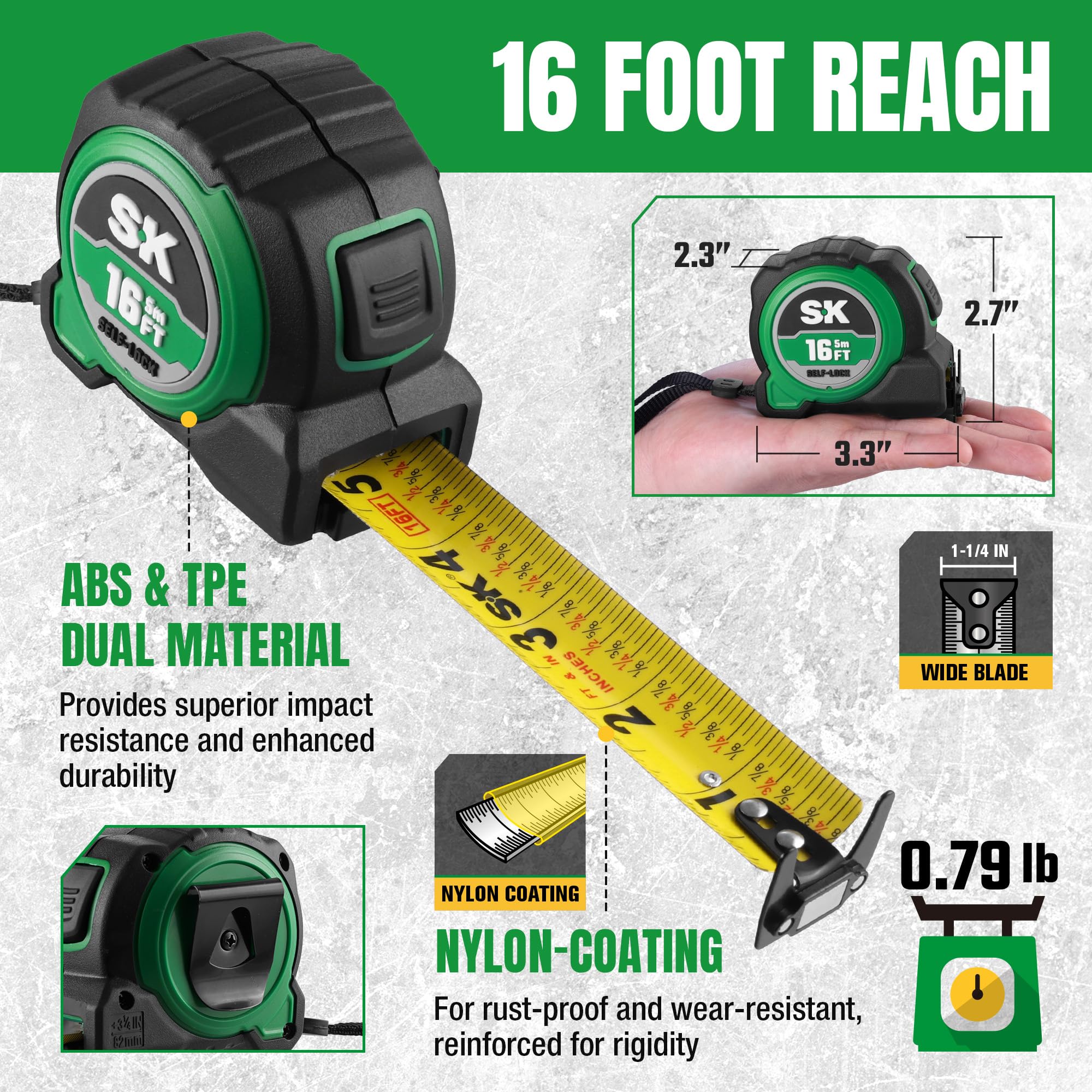 SK 16FT Tape Measure with Magnetic Hook and Self-Locking Mechanism — Amazon image 3