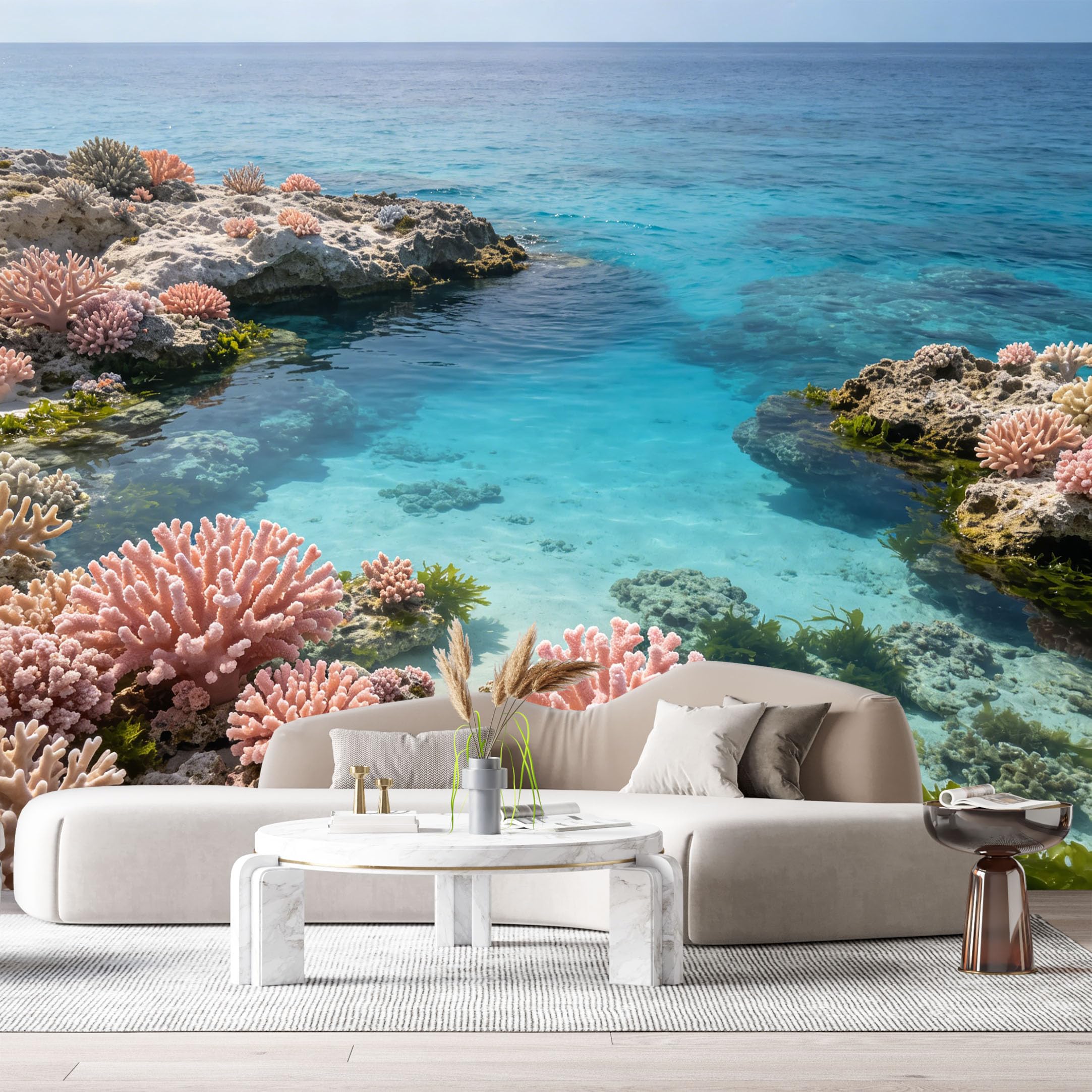 Custom Size Wall Murals Coastal Ocean Marine Watercolor Coral Reef Rocks SelfAdhesiveWall Fabric Removable Wallpaper Wall Decor for Living Room Bedroom Bathroom