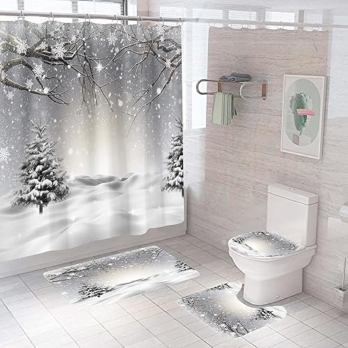 DDS-DUDES Juego de cortinas de ducha de Navidad para decoración de baño, cortina de ducha de árbol de Navidad, copos de nieve, cortinas de tela