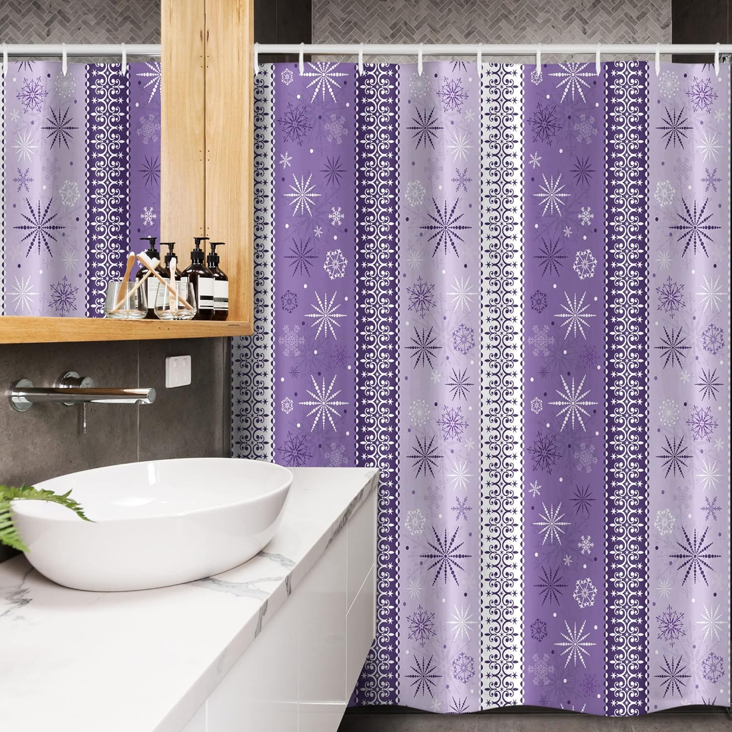 Ambesonne Ethnic Stall Shower Curtain, Christmas Snowflakes Exotic Boho Inspired Illustration Noel Print, Fabric Bathroom Decor Set with Hooks, 54" W x 78", Lavender Violet and White