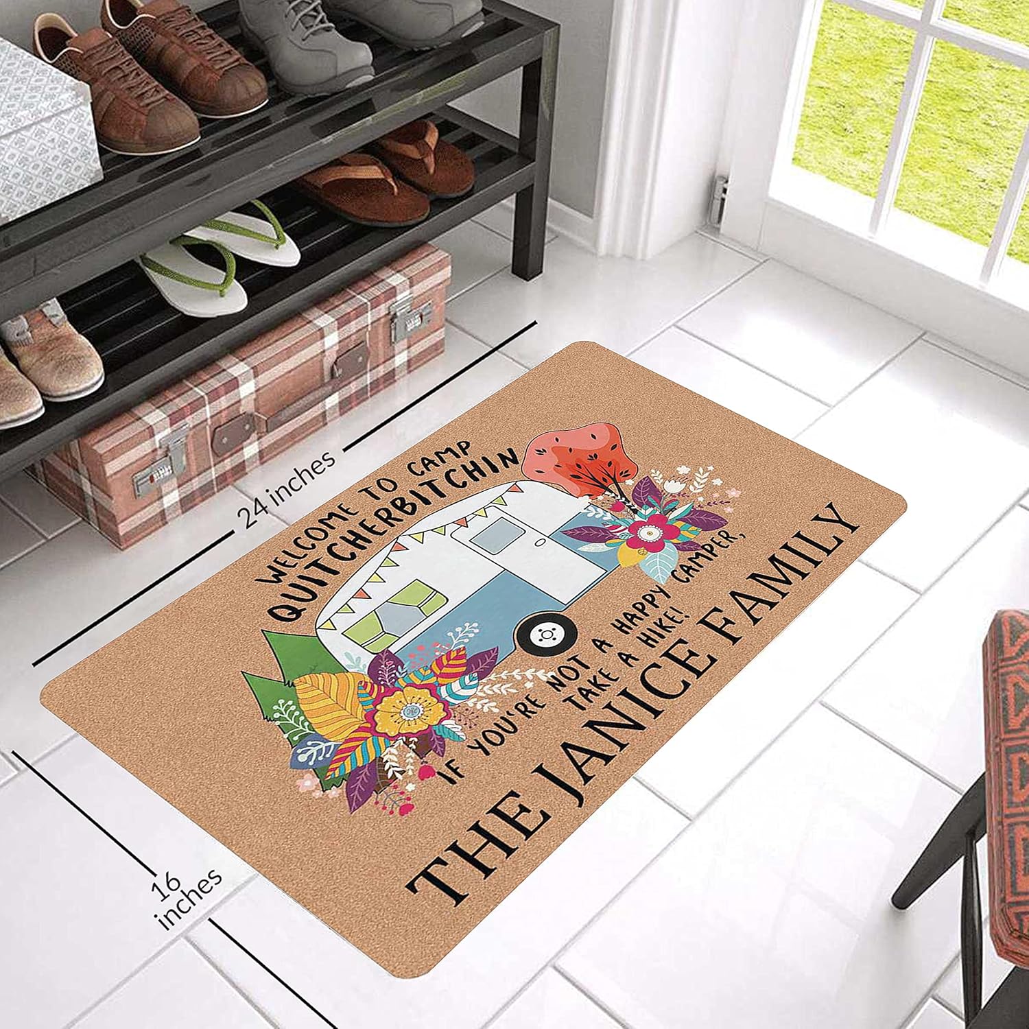 Custom Name Camper Doormats with Heavy-Duty 24x16 30x18 Inch Non-Slip Camping Rubber Doormat Decorative Rugs for RV Indoor Outdoor Floor Mat for Camping Home Kitchen Easy Clean Made in USA