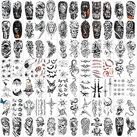 82 Sheets Halloween Temporary Tattoos, 3D Scary Lion Wolf Tiger Skull Skeleton Spider Fake Tattoos Stickers for Men Women Adults
