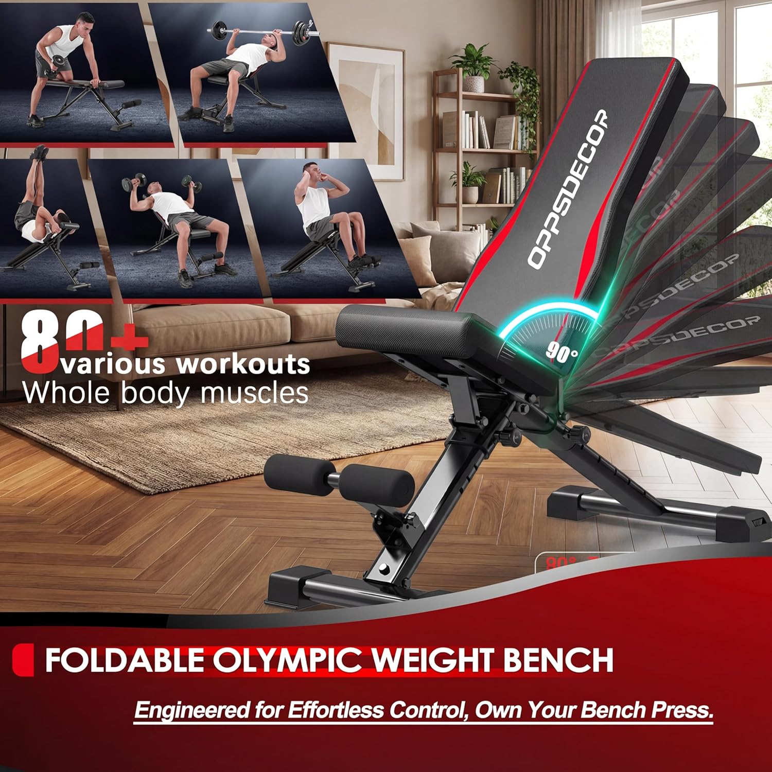 OPPSDECOR Adjustable Weight Bench, 900LBS Foldable Workout Bench with 18.5-Inch Seat Height for Home Gym — 8+4+2 Positions, Flat Incline Decline Bench Press for Dumbbell Strength Training, Compact Storage in Small Spaces