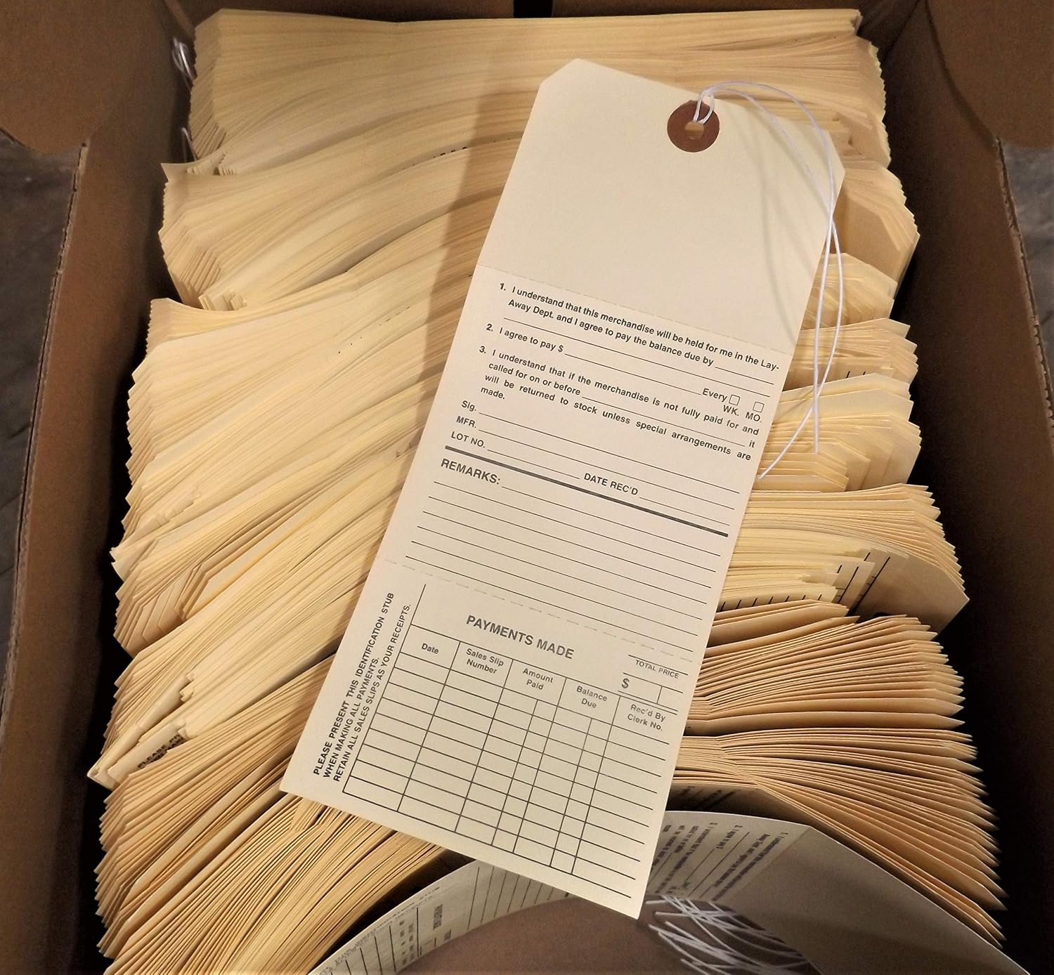NAHANCO Lay-Away Tag, 3 Part Perforated, Strung, Two-Sided - Manila, 500/Pack