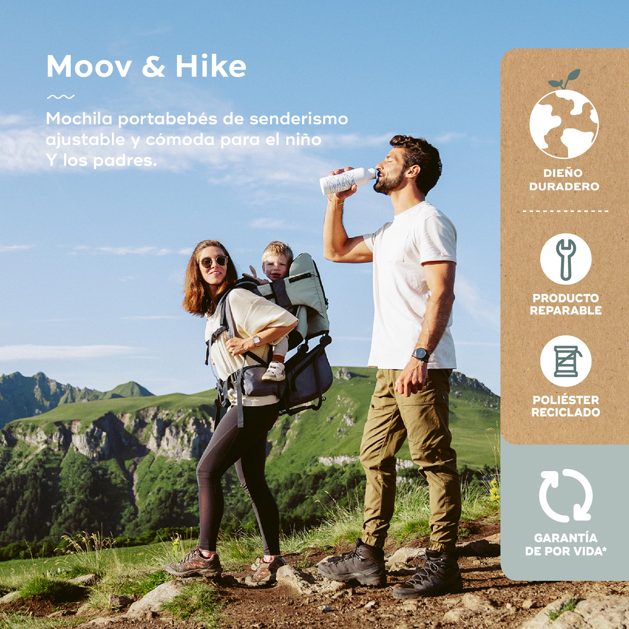 Babymoov Mochila portabebés para senderismo Moov & Hike: ergonómica con asiento ajustable y reposacabezas acolchado, con capota, bolsa de almacenaje 10l (Verde)