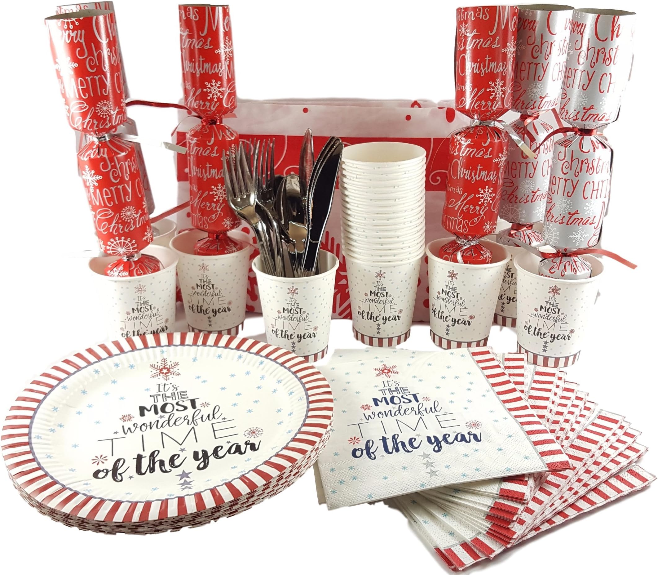 Christmas Party Winter Snowflakes Disposable Dinner Package - Merry Christmas Snowflake Decorations with Dinner Plates Cups Napkins & Luxury Christmas Crackers (115 Package)