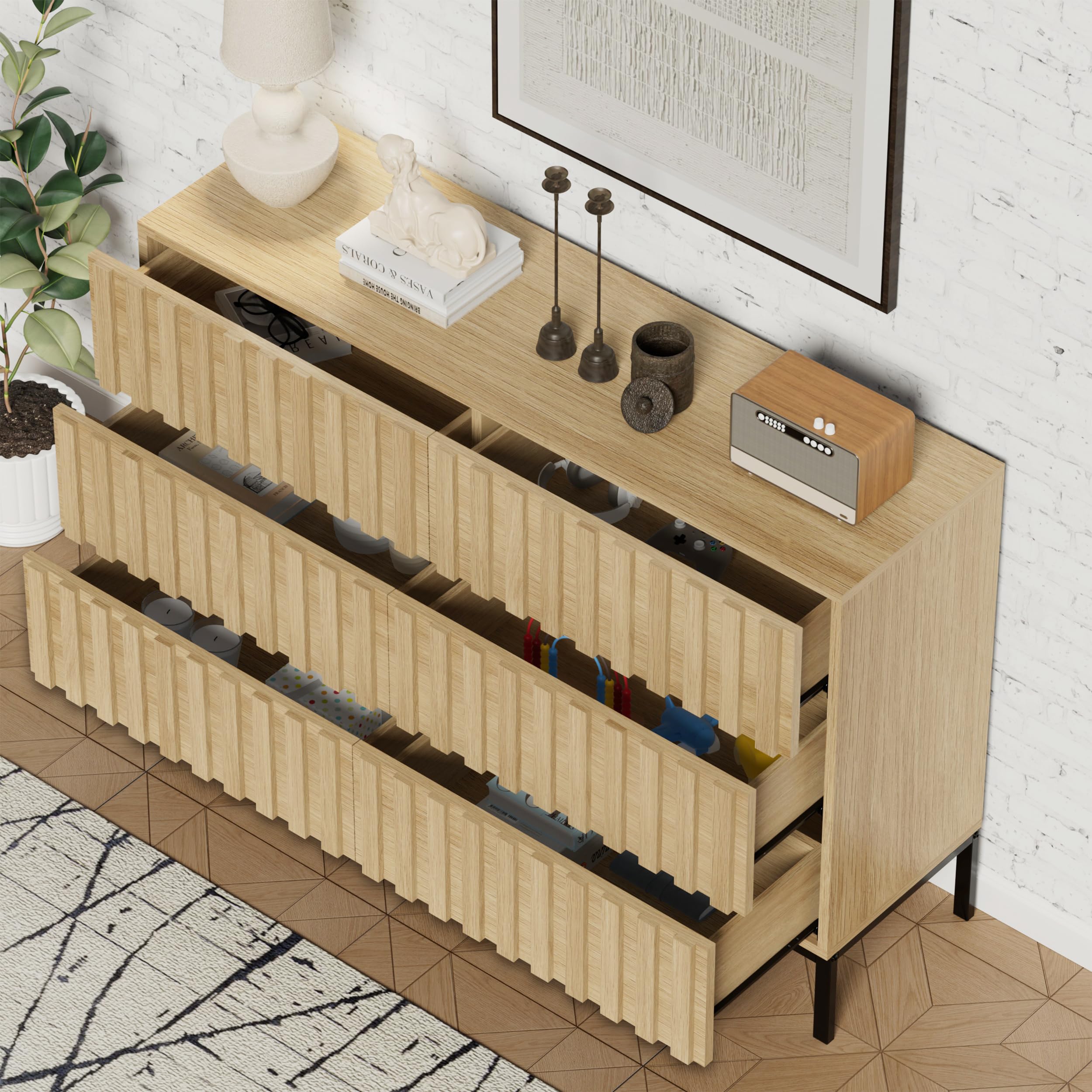 UEV Kommode mit 6 Schublanden, 100 x 34,5 x 73,4cm, Schrank mit Schubladen, Schmal Kommode, Aufbewahrungskommode, Schrank für Wohnzimmer Schlafzimmer Flur (Natur)