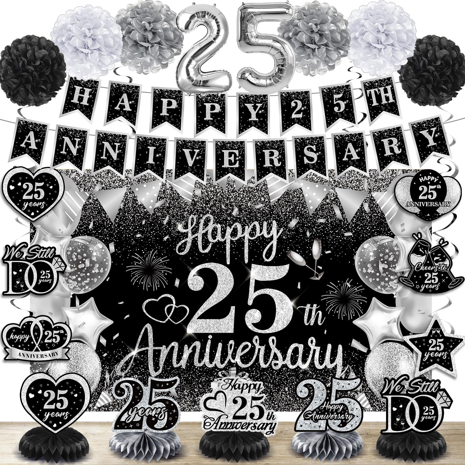 25th Wedding Anniversary Decorations Black Silver Happy 25th Anniversary Banner Backdrop Honeycomb Centerpiece Hanging Swirls Pom Poms for 25 Years