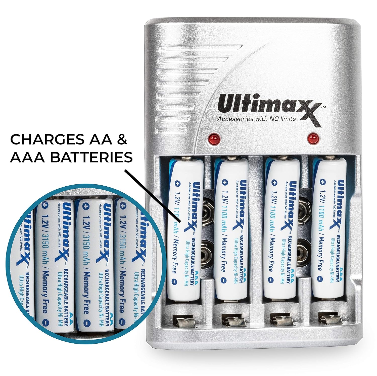 Ultimaxx 4 Port Rapid Charger showing AA and AAA battery compatibility