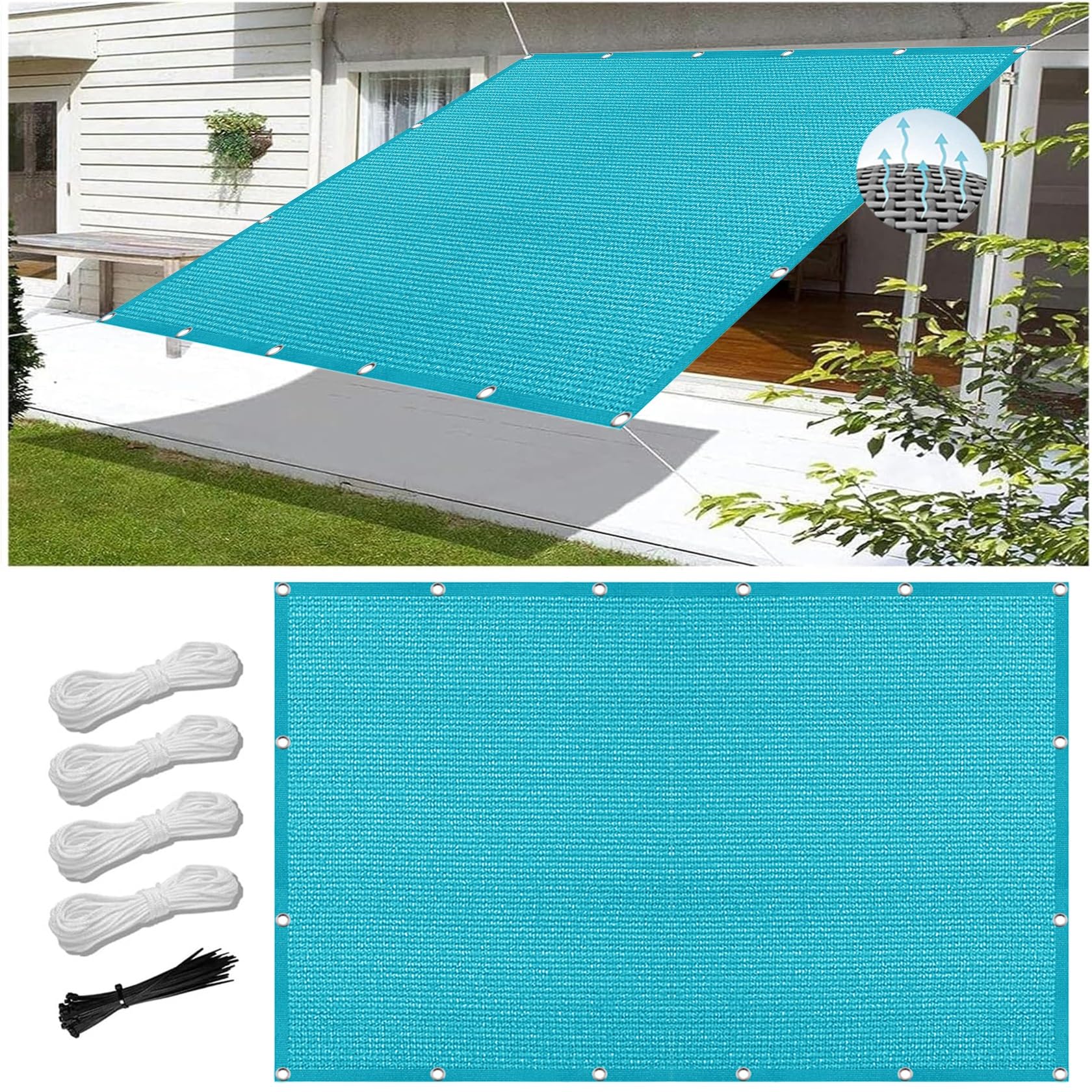Toile d'ombrage rectangulaire contre la chaleur et le vent sur pergola grande taille bleu ciel