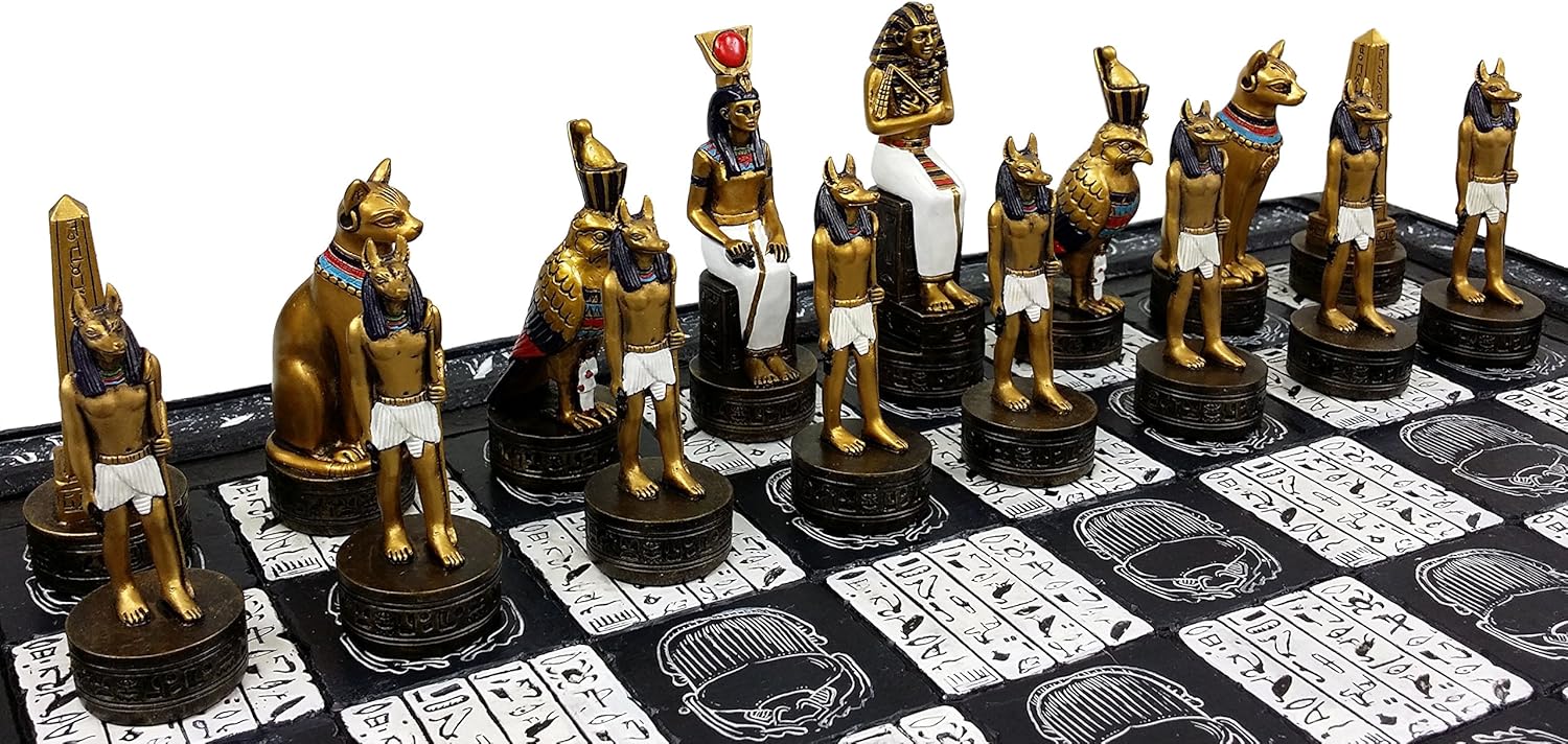 Egyptian Anubis Chess Set Gold & Silver Painted Men W/ 16" Hieroglyphic Board