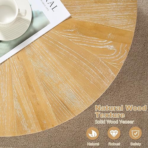 Miniatura 4 de Juego de 3 mesas auxiliares redondas de granja, mesa auxiliar para sofá bohemio con acabado natural de madera para sala de estar, dormitorio,