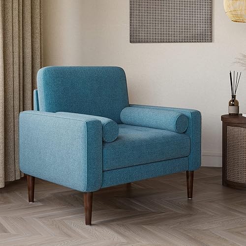 Miniatura 6 de BELLEZE Silla decorativa moderna de mediados de siglo, silla tapizada de gran tamaño, silla de lectura de lino cómoda para adultos, sofá, silla para