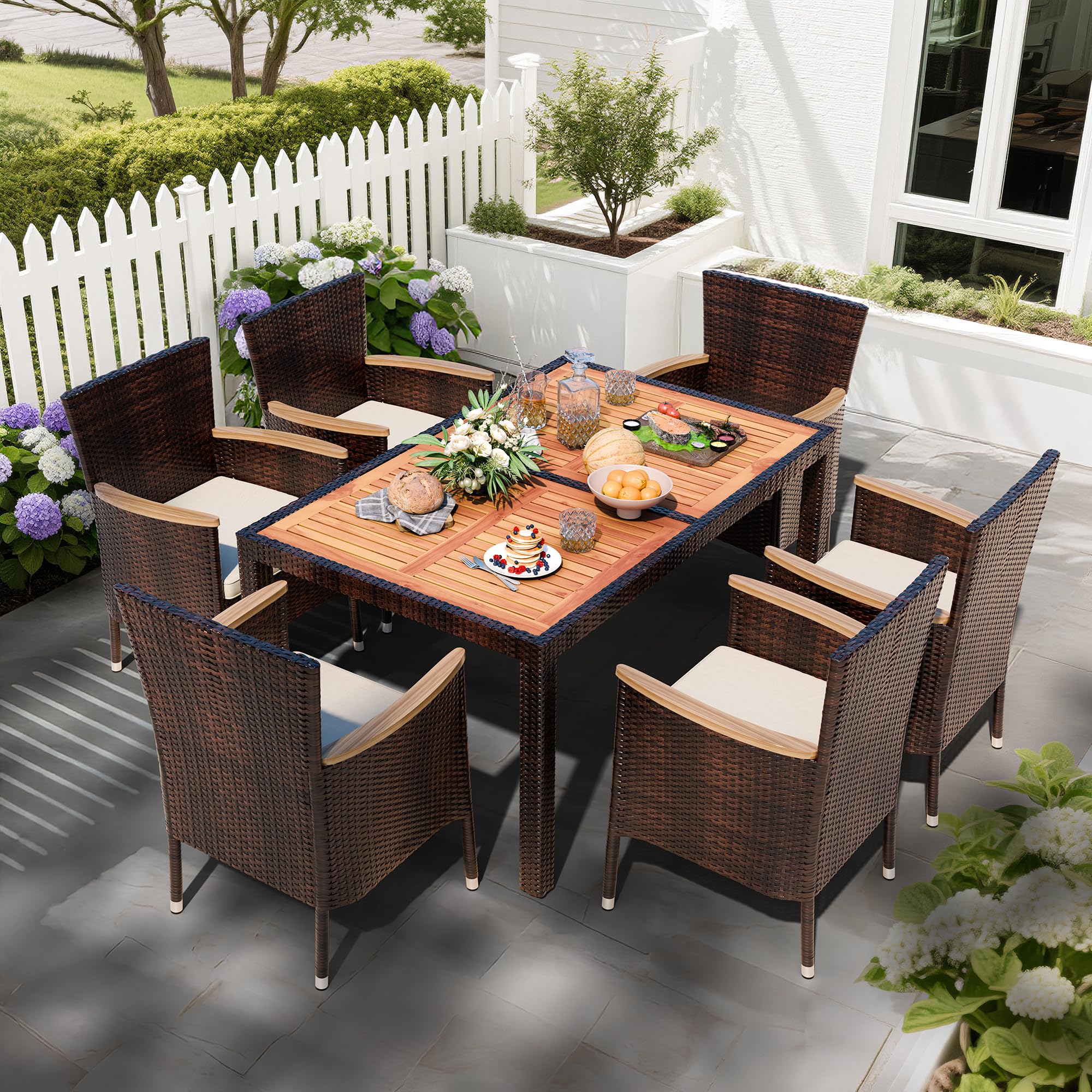 Brown Wicker Patio Dining Set with Wooden Top