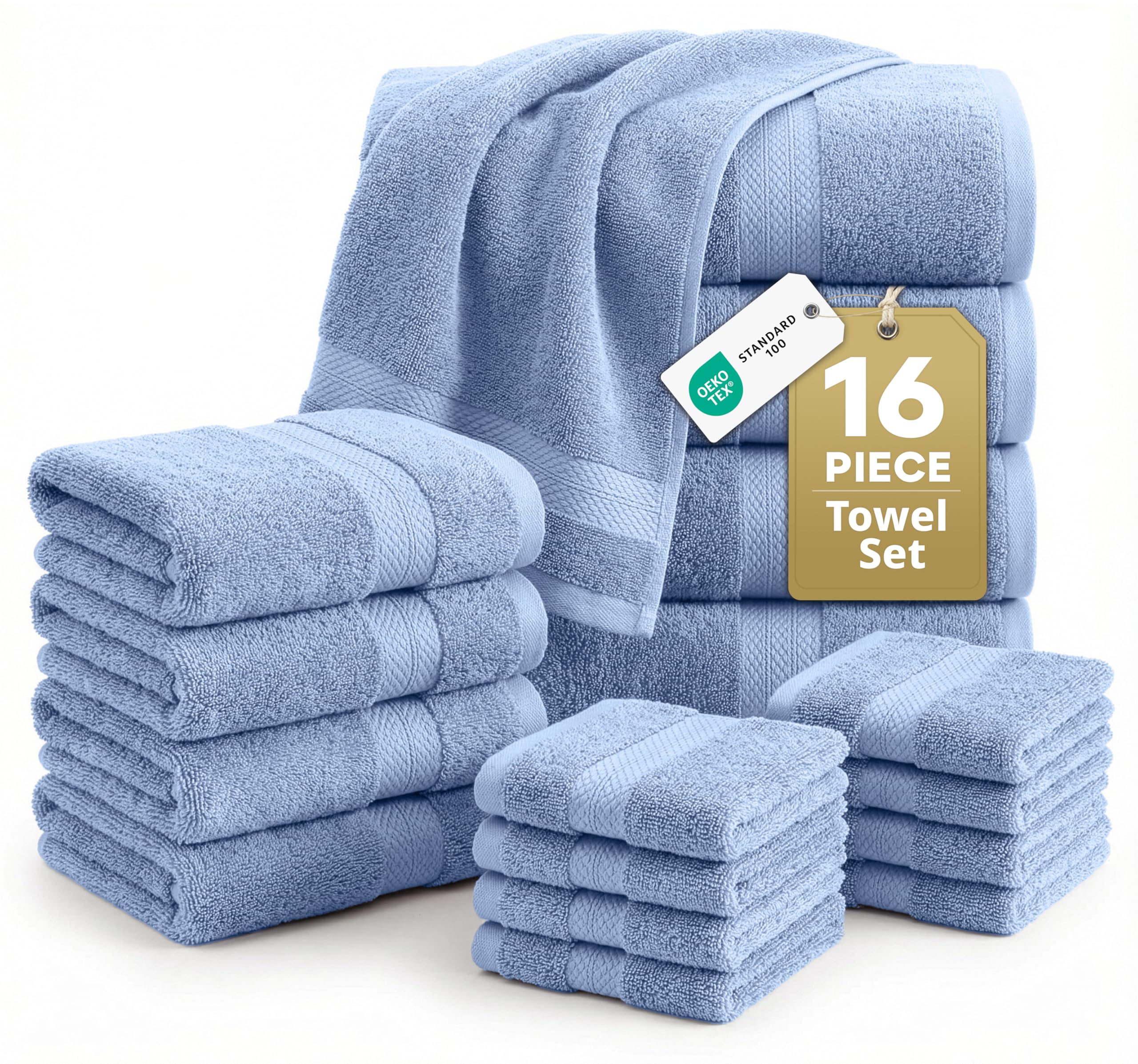 Allure - Toallas de baño de 16 piezas, 100% algodón, toallas de hotel de alta calidad, juego de toallas de baño altamente absorbentes, súper suaves, 4 toallas de baño, 4 toallas de mano y 8 paños de