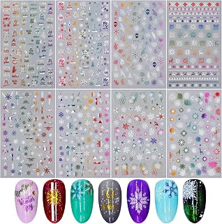 8 Sheets Colorful Nail Stickers Decals With Snowflakes,MWOOT Christmas 3D Self Adhesive Nail Art Sticker For Nail Art Design, DIY Nail Decals Manicure Decoration