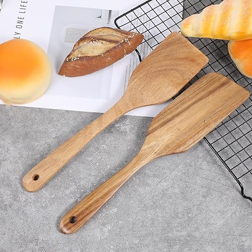 Miniatura 3 de 2PCS Wooden Spatula for Cooking Utensils, Long Handle Wood Turner for Non-Stick Cookware Spoon Pancake Turner Scraper Natural Teak Wooden Utensil