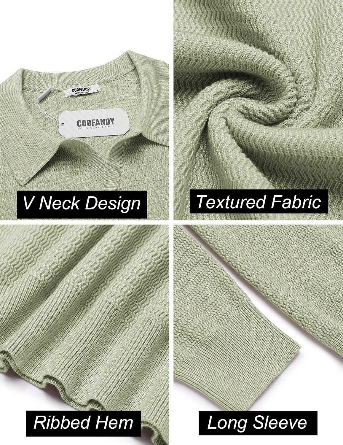 COOFANDY Mens Knit Polo Sweater V-Neck Long Sleeve Textured Lightweight Casual Dress Pullover Fall Sweaters