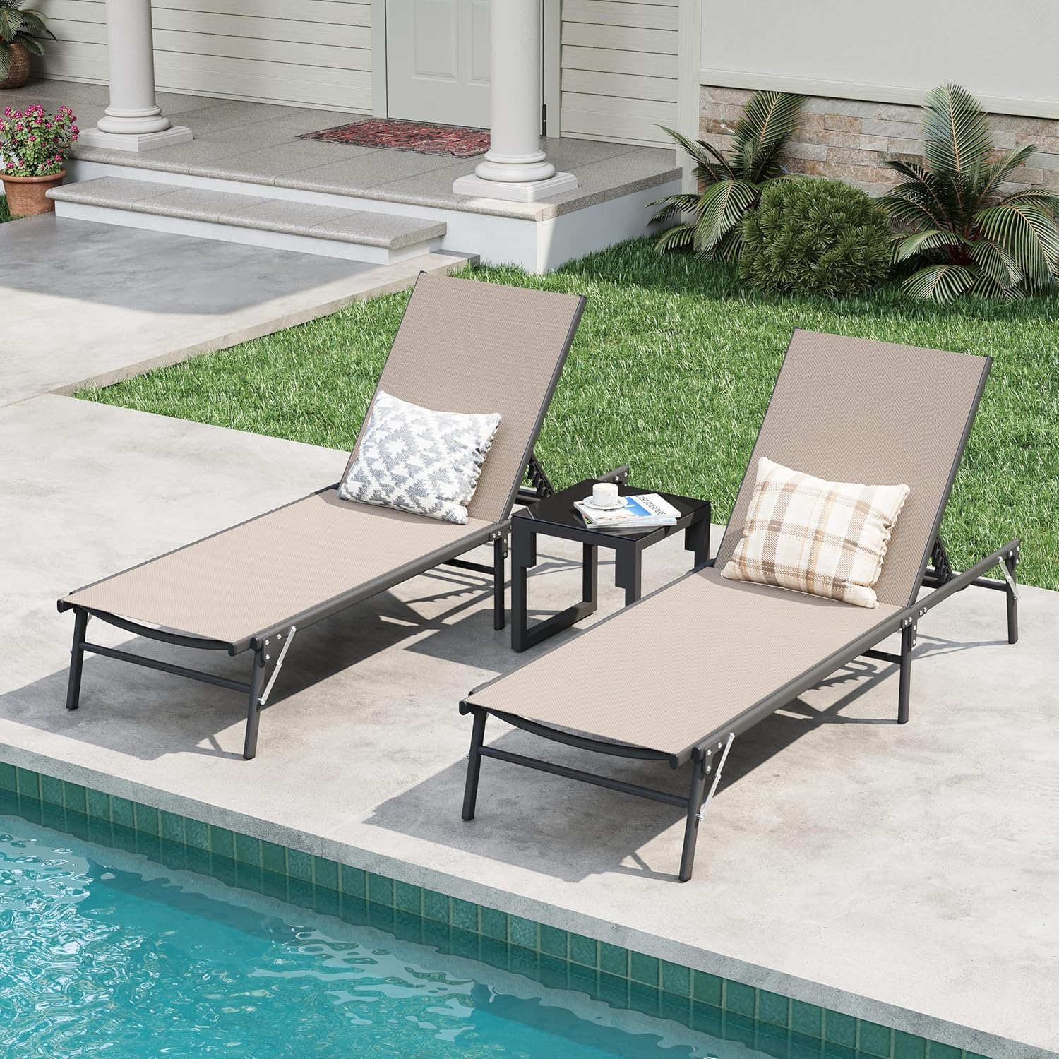 Amopatio Folding Lounge Chairs Chaise Lounge for Outside Portable Pool Lounge Chairs Set of 2 with Side Table for Patio Poolside Deck Yard, Weather Resistant, 5-Position Adjustable Backrest