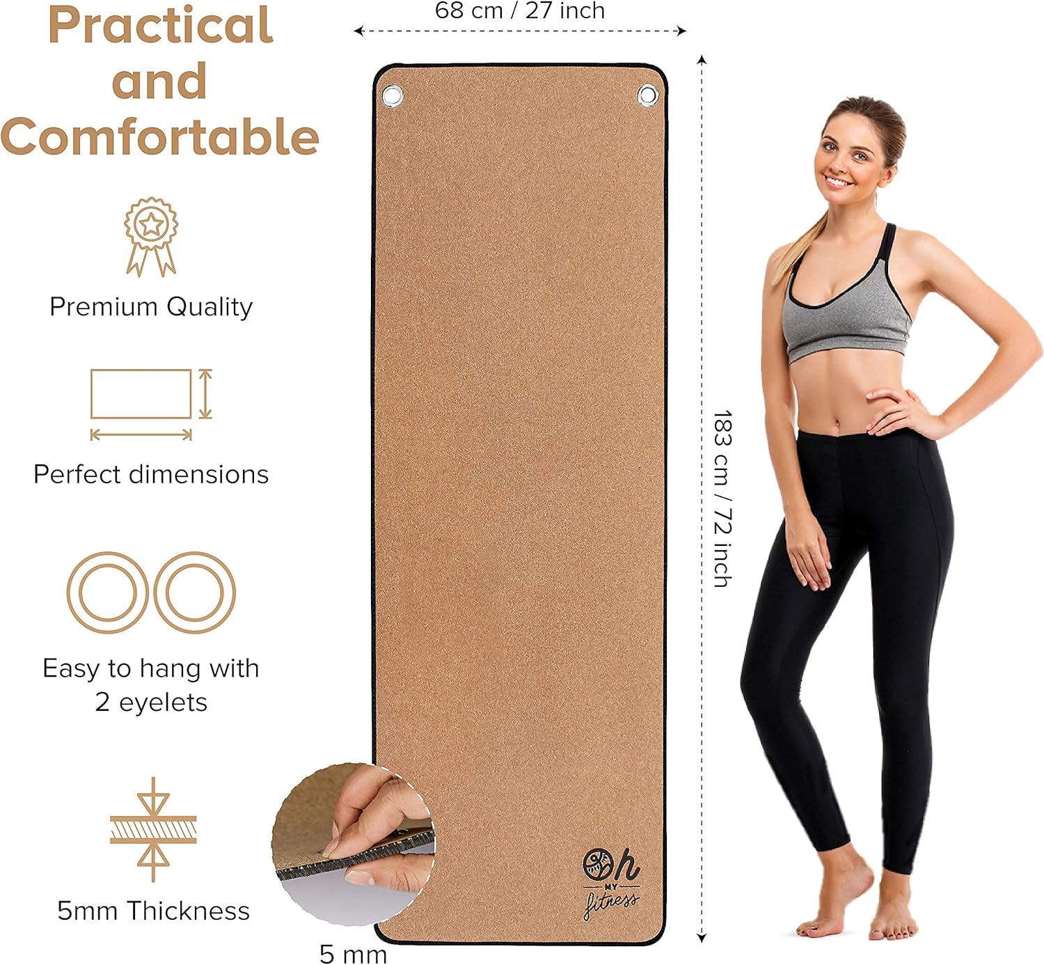🔥 Hоt Dеаlѕ OH MY FITNESS™ — PREMIUM Cork Yoga Mat Thick in Natural Cork 5mm with Eyelets — Surface 100% non-slip — Complete Kit with Transport Strap and Illustrated Beginner’s Yoga Guide