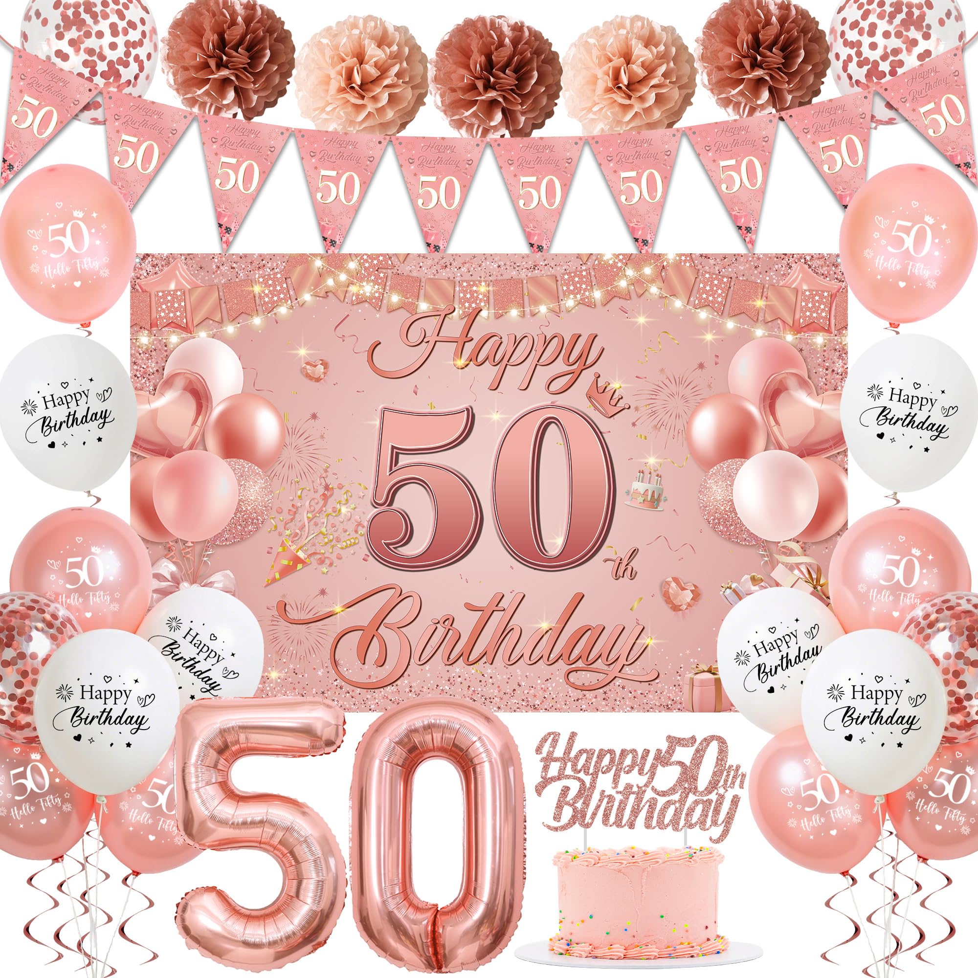50th Birthday Decorations for Women - Pink Rose Gold 44Pcs 50th Bday Balloon Backdrop Set with Pennant Banner Number 50 Balloons, Photo Backdrop Pom Poms Cake Topper for 50 Year Old Party