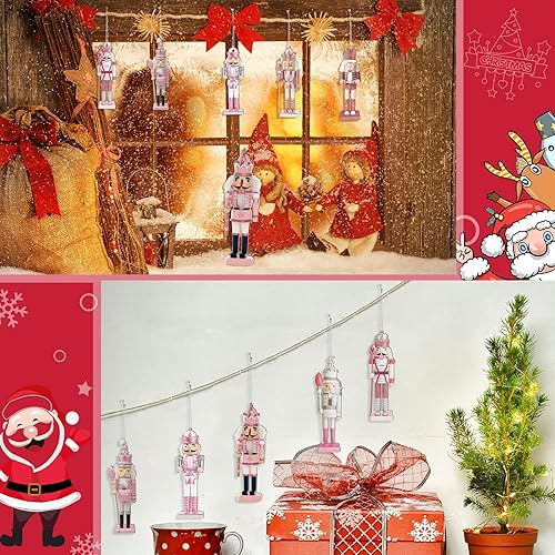 Miniatura 7 de Juego de 48 piezas de adornos de cascanueces de Navidad, adornos de rey y soldado, figuras rosas, adornos de Navidad colgantes, miniadornos de