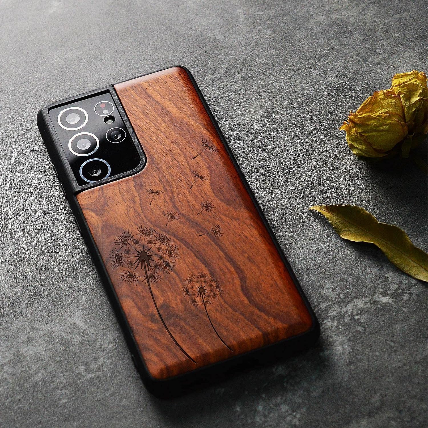 Carveit Wood Case for Galaxy S21 Ultra Case [Natural Wood & Black Soft TPU] Shockproof Hybrid Protective Unique Wooden Cover Compatible with Samsung S21 Ultra 5G (Dandelion-Rosy)