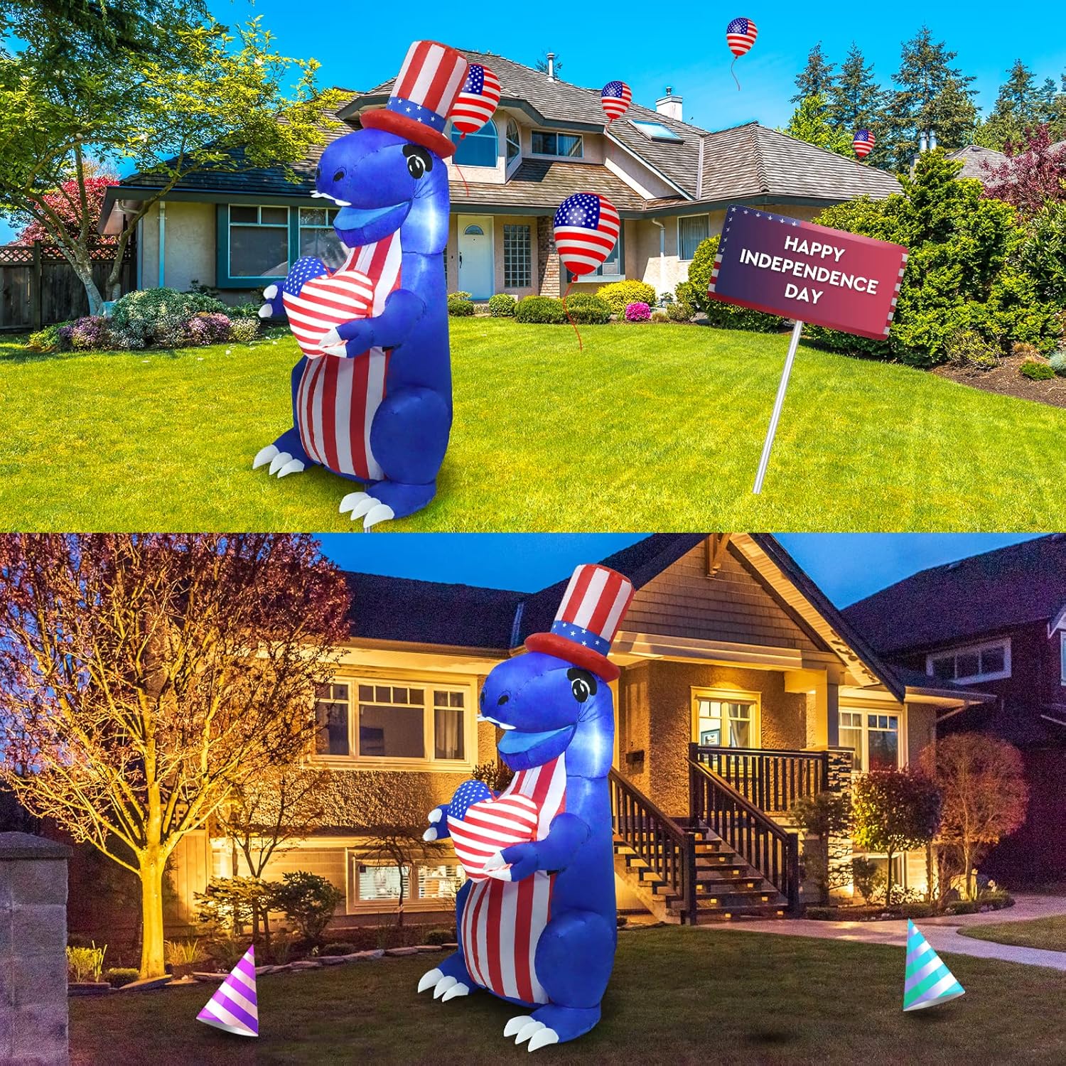 HZGDEJTG 5ft Independence Day Dinosaur Inflatable Outdoor Decoration with Built-in LED Lights to Light Up Your Yard for Patio, Lawn and Holiday Parties
