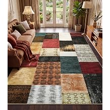 YIHOUSE Mid Century Modern Vintage Cowboy Area Rug 8x10 for Living Room,Retro Patchwork Rug Non Slip,Red and Brown Floral Farmhouse Rugs Washable, Geometric Boho Rugs for Kitchen,Dining Room,Bedroom