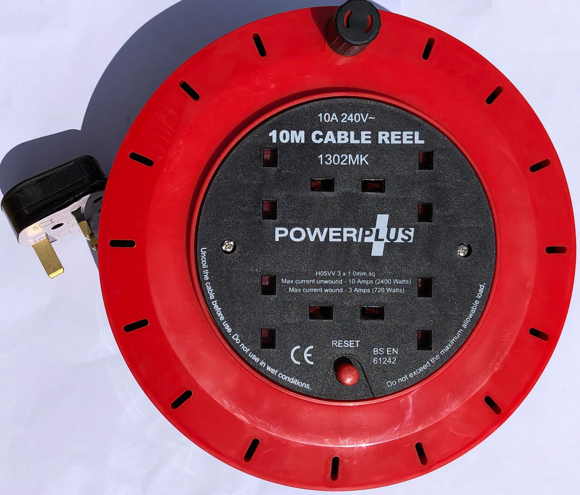 Powerplus White 10 Metre 4 Gang 10Amp Extension Reel With Thermal Cut Out
