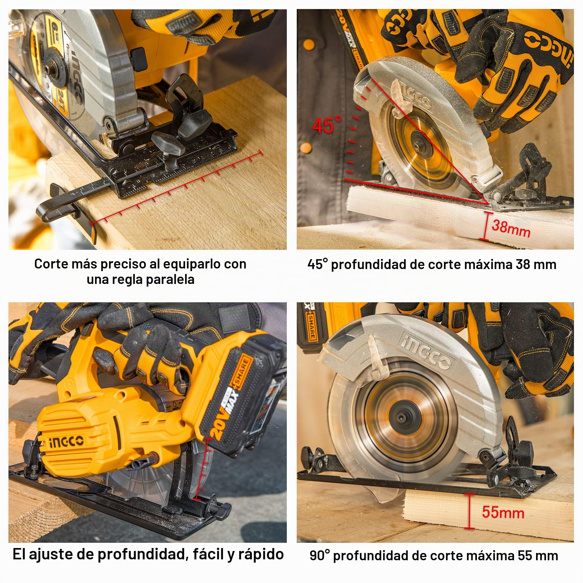 INGCO CSLI1651 - Sierra inalámbrica eléctrica de iones de litio, 20 V, 4600 RPM (solo cuerpo), 165 mm de diámetro de hoja, 55 mm de profundidad de corte con 1 hoja