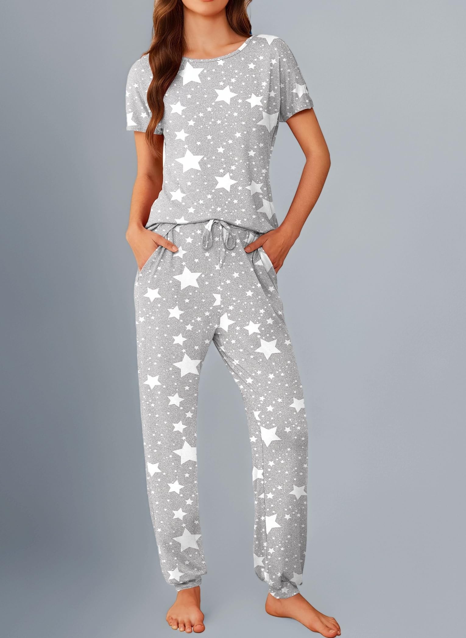 Womens Pyjamas Set Short Sleeve Cute Printed Long Pants 2 Piece PJ Sets Loungewear Sleepwear with Pockets, Pink, L