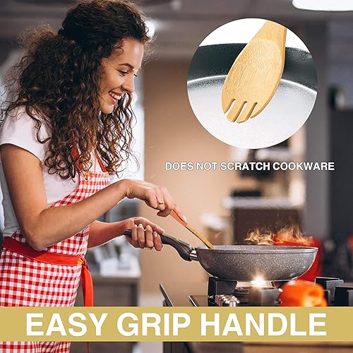 Miniatura 6 de BaHoki Essentials Utensilios de cocina de bambú  Surtido de utensilios de madera natural  sin químicos  Ideal para el cocinero promedio  con asas