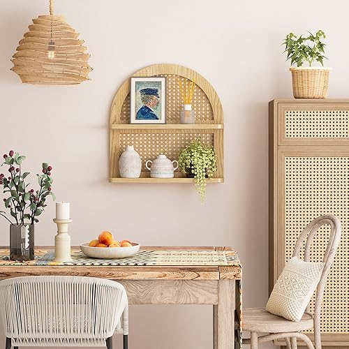 Miniatura 2 de Estante de pared de ratán bohemio de madera, estante flotante de mimbre arqueado de 2 niveles, estante bohemio de madera natural, estantes rústicos