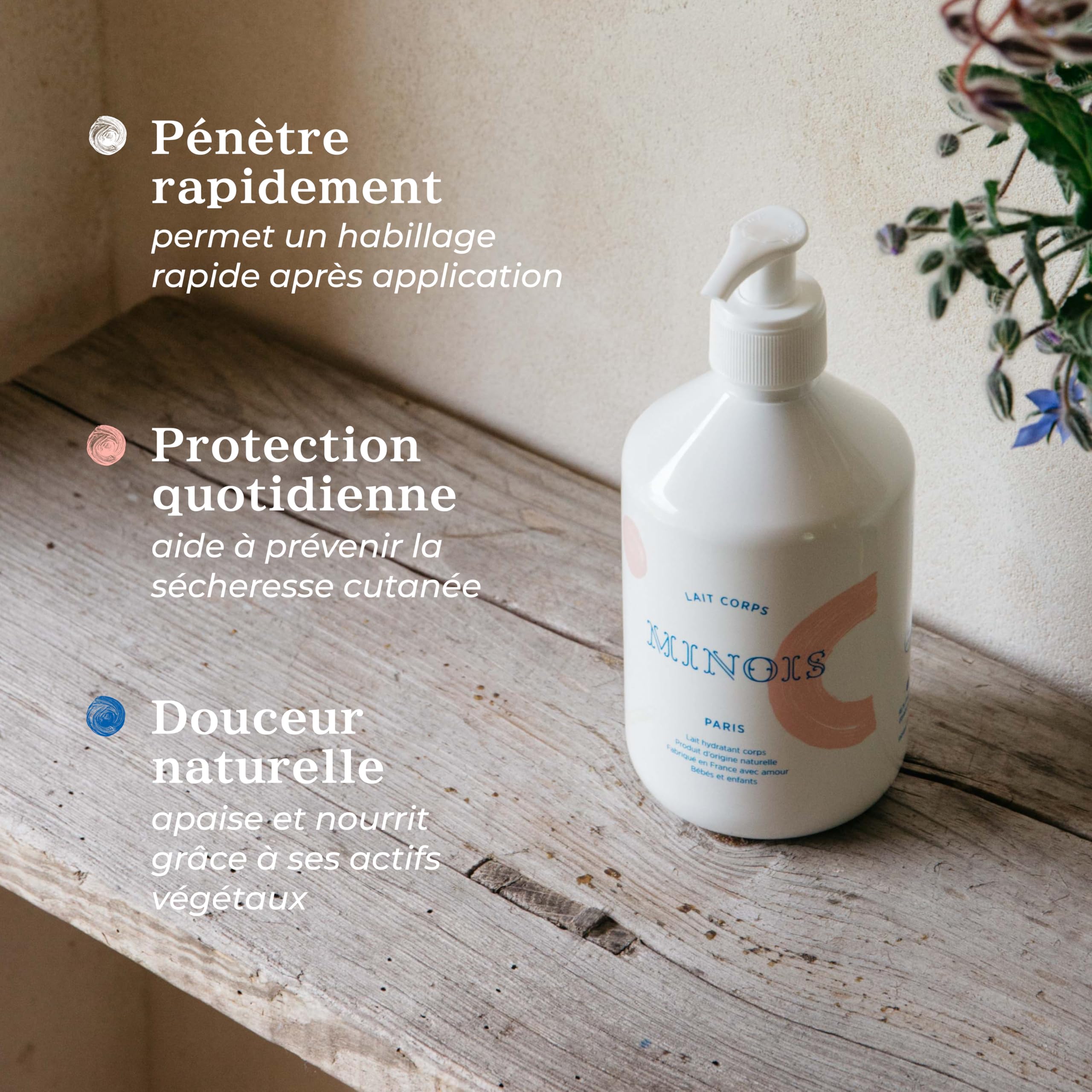 Minois Paris - Lait Corps Hydratant Bébé Format Familial - Nourrit, Protège, Non Gras - Propriétés Adoucissantes et Apaisantes - 98,7 % D'ingrédients D'origine Naturelle - Made in France - 500ML