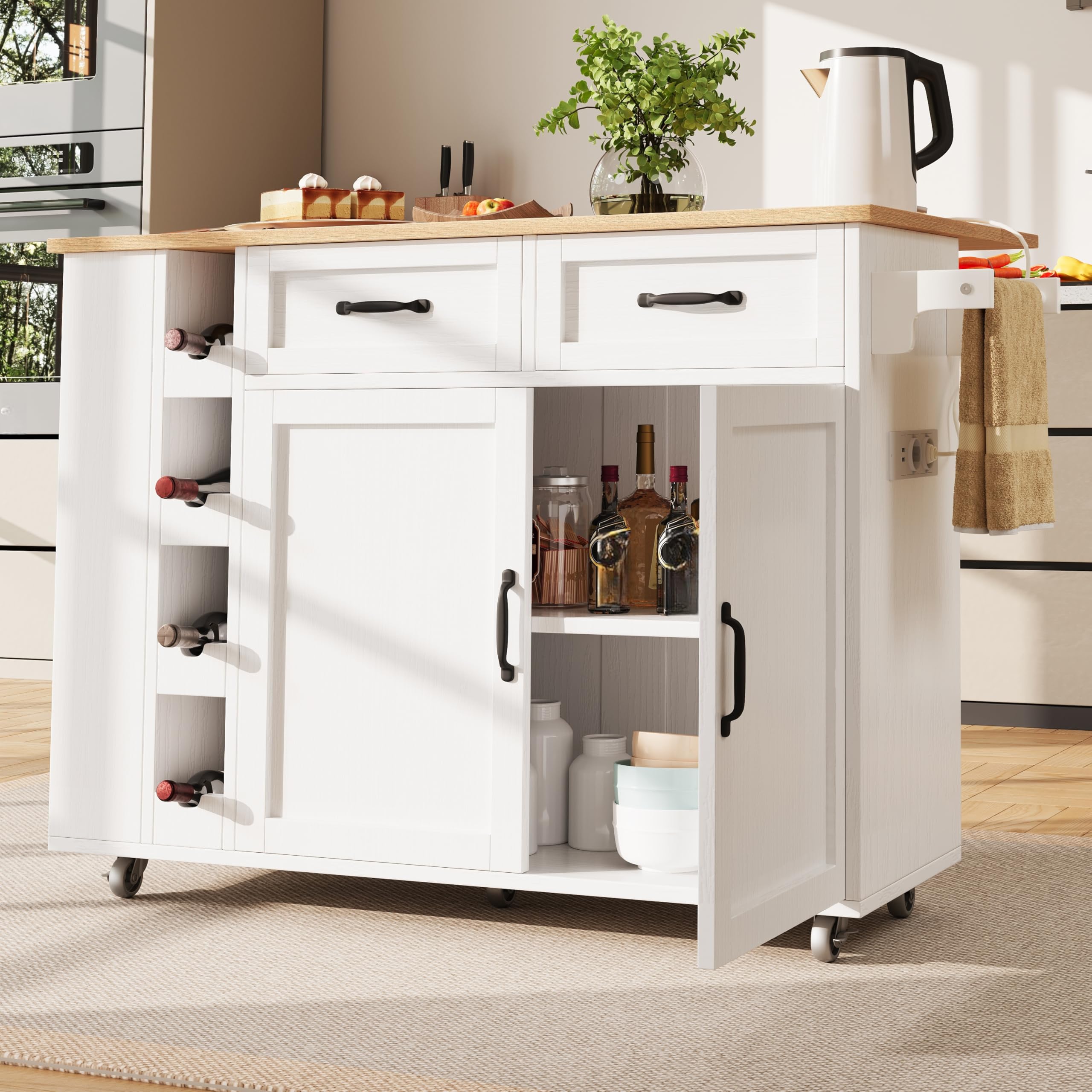 Ymkua Carrello da Cucina, Isola da Cucina con Piano di Lavoro Pieghevole e Cassetti, Mobile Buffet con Presa di Corrente, Bianco, 131.5x76x90.7 cm